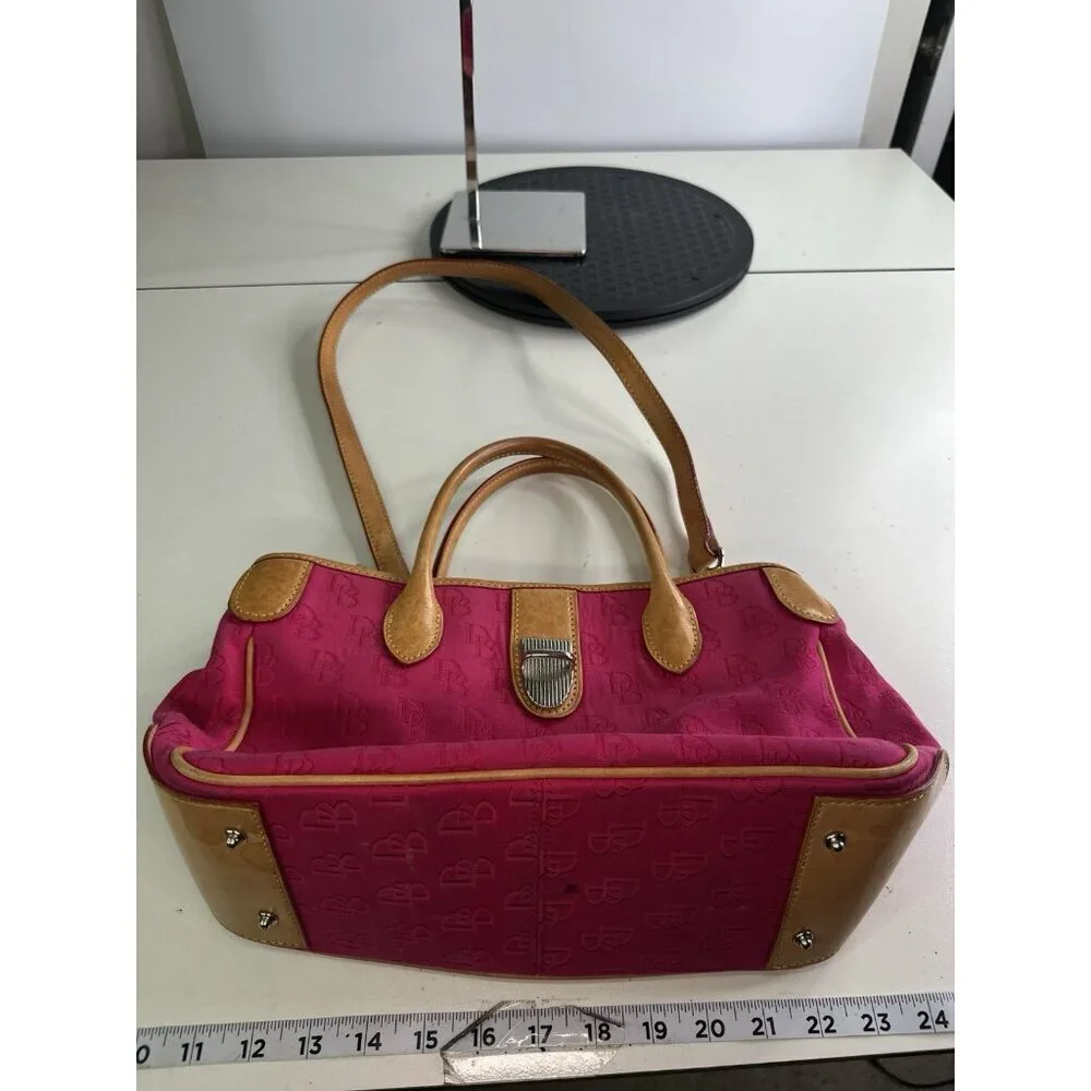 Dooney & Bourke Pink Signature Monogram Tan  Leather Buckle Closure Handbag